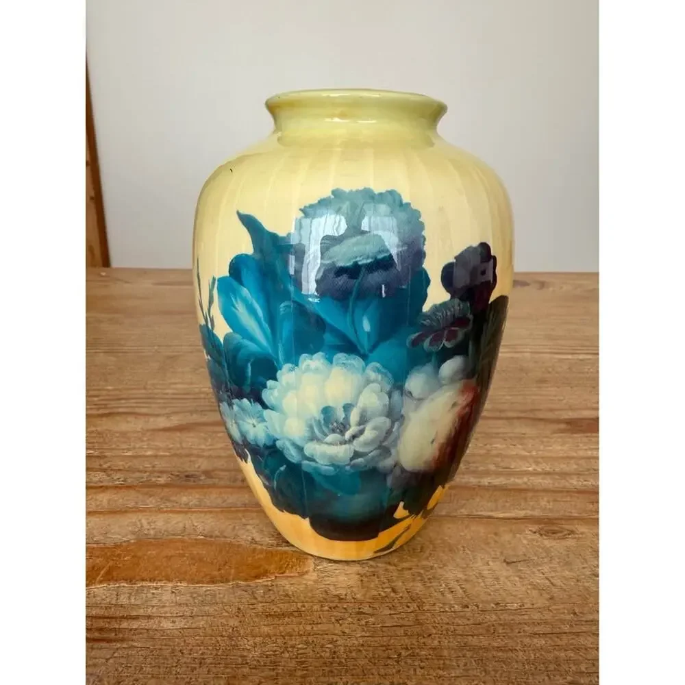 Vase 7” cream Purple Blue Vintage Paper Mache Over Ceramic Floral Roses